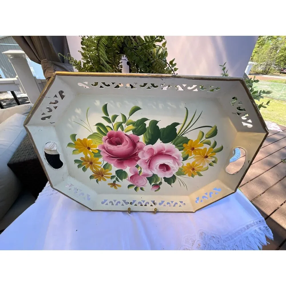 Hand Painted Shabby Cottage Vintage Tole Tray Beautiful tole tray